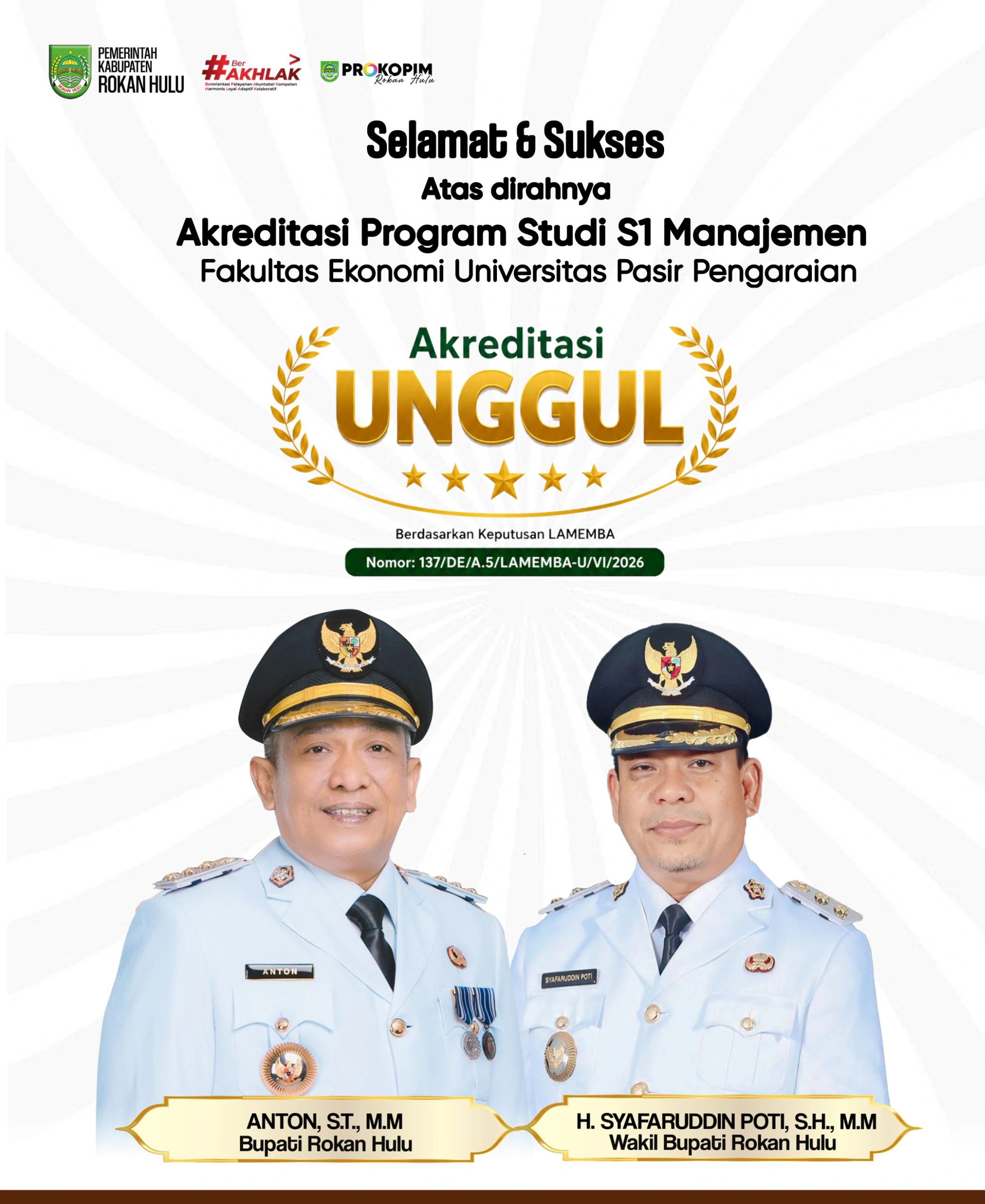 Prodi S1 Manajemen Fakultas Ekonomi UPP Sukses Raih Akreditasi "UNGGUL" dari LAMEMBA